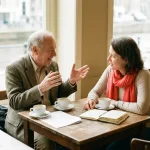 Twee onderzoekers in gesprek aan een houten cafétafel in Amsterdam, met koffiekopjes en een open notitieboek, in warm natuurlijk daglicht.