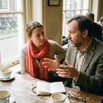 Twee onderzoekers in gesprek aan een houten cafétafel in Amsterdam, met koffiekopjes en notitieboekje, in zacht daglicht.