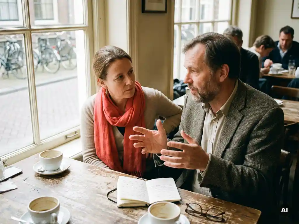 Twee onderzoekers in gesprek aan een houten cafétafel in Amsterdam, met koffiekopjes en notitieboekje, in zacht daglicht.