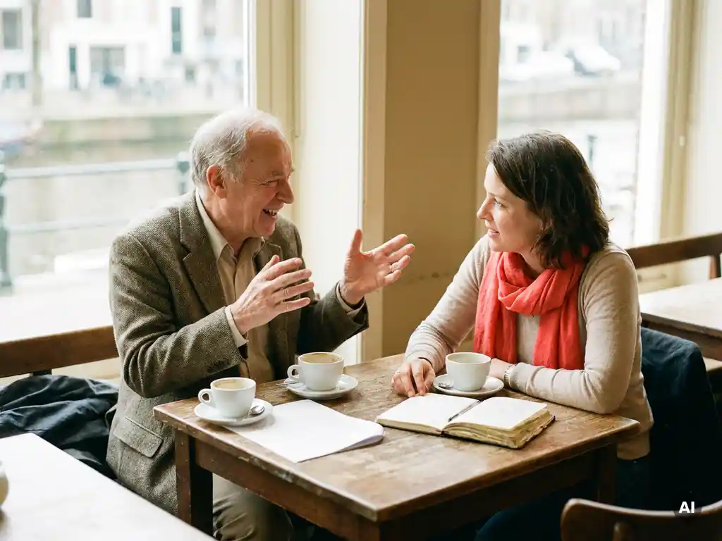 Twee onderzoekers in gesprek aan een houten cafétafel in Amsterdam, met koffiekopjes en een open notitieboek, in warm natuurlijk daglicht.