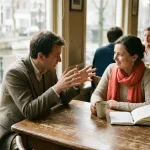 Twee onderzoekers in gesprek aan een houten cafétafel in Amsterdam, met koffie en een open notitieboek.