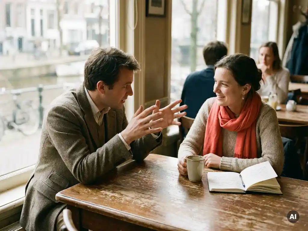 Twee onderzoekers in gesprek aan een houten cafétafel in Amsterdam, met koffie en een open notitieboek.