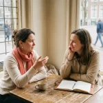Twee onderzoekers in gesprek aan een houten cafétafel in Amsterdam, met koffie en een notitieboek, in zacht natuurlijk licht.