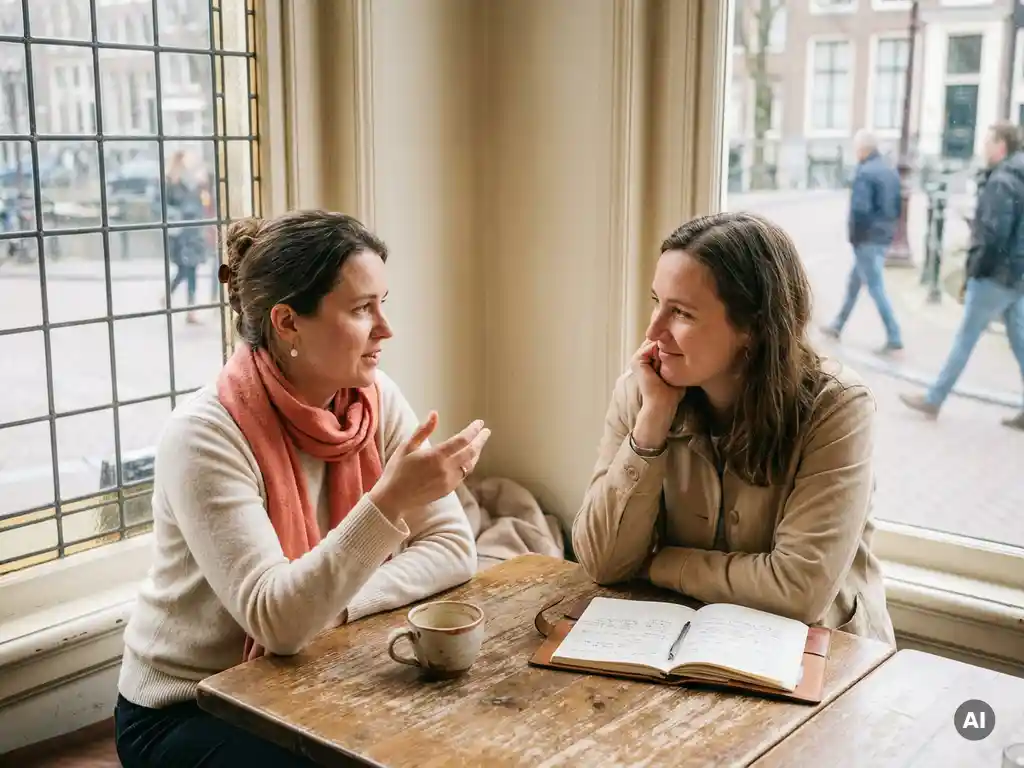 Twee onderzoekers in gesprek aan een houten cafétafel in Amsterdam, met koffie en een notitieboek, in zacht natuurlijk licht.