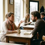 Twee onderzoekers in gesprek aan een houten cafétafel in Amsterdam, met koffie en notitieboekje in zacht natuurlijk licht.