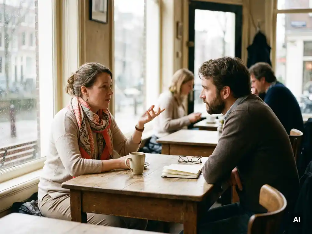 Twee onderzoekers in gesprek aan een houten cafétafel in Amsterdam, met koffie en notitieboekje in zacht natuurlijk licht.