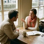 Twee onderzoekers in gesprek aan een houten cafétafel in Amsterdam, met een koffiekopje en open notitieboek, in warm natuurlijk daglicht.