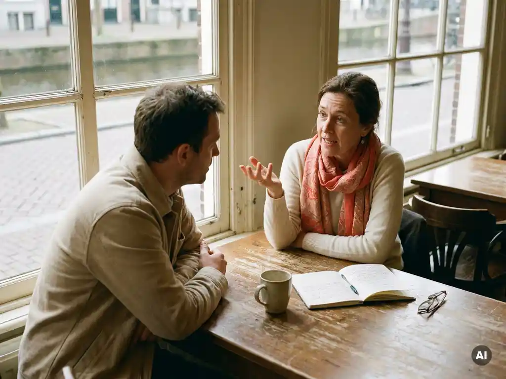 Twee onderzoekers in gesprek aan een houten cafétafel in Amsterdam, met een koffiekopje en open notitieboek, in warm natuurlijk daglicht.