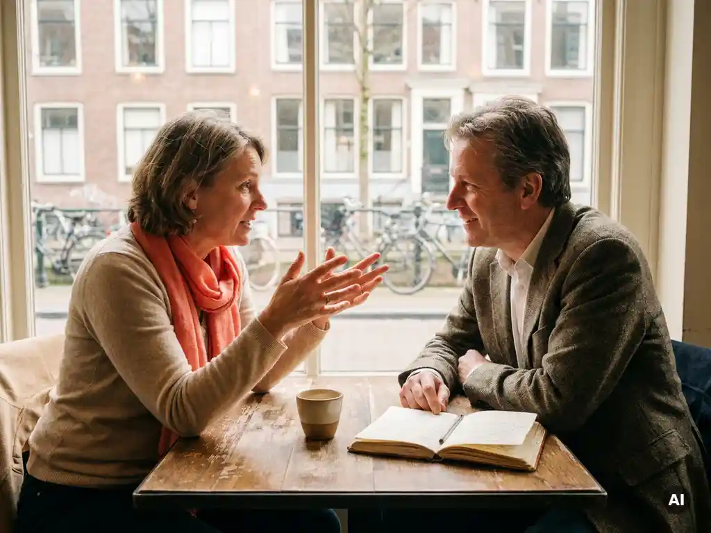 Twee onderzoekers in gesprek aan een houten cafétafel in Amsterdam, met een koffiekopje en open notitieboek tussen hen in.