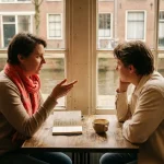 Twee onderzoekers in gesprek aan een houten cafétafel in Amsterdam, met een open notitieboekje en koffiekopje tussen hen in.