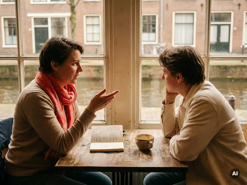 Twee onderzoekers in gesprek aan een houten cafétafel in Amsterdam, met een open notitieboekje en koffiekopje tussen hen in.