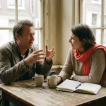 Twee onderzoekers in gesprek aan een houten cafétafel in Amsterdam, met koffie en een open notitieboek, zacht daglicht door grote ramen.