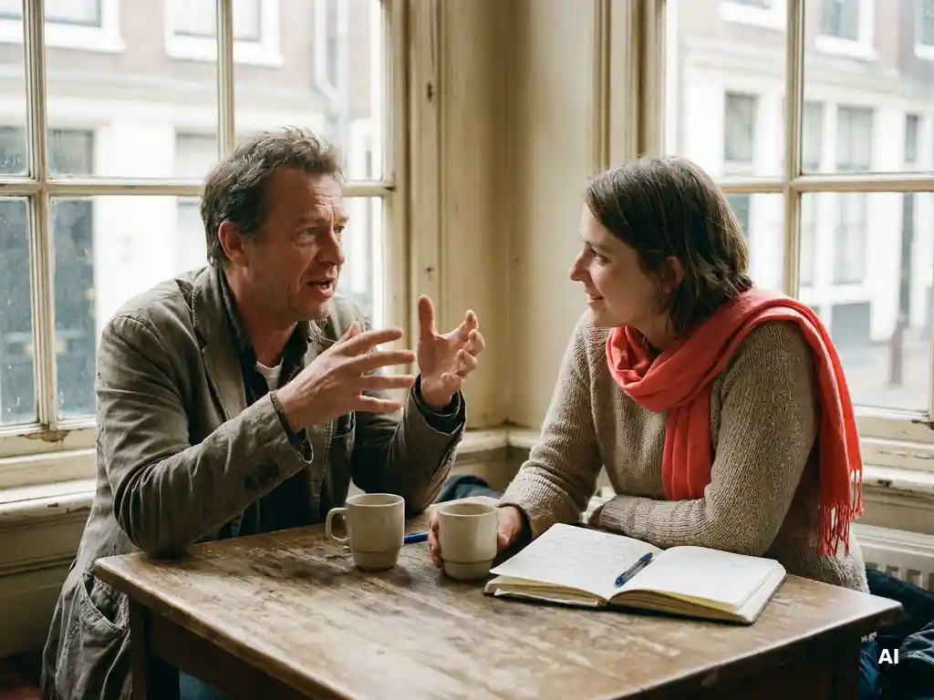 Twee onderzoekers in gesprek aan een houten cafétafel in Amsterdam, met koffie en een open notitieboek, zacht daglicht door grote ramen.