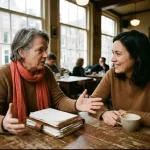 Twee onderzoekers in levendig gesprek aan een houten cafétafel in Amsterdam, met handgeschreven notitieboekjes en koffiekopjes.