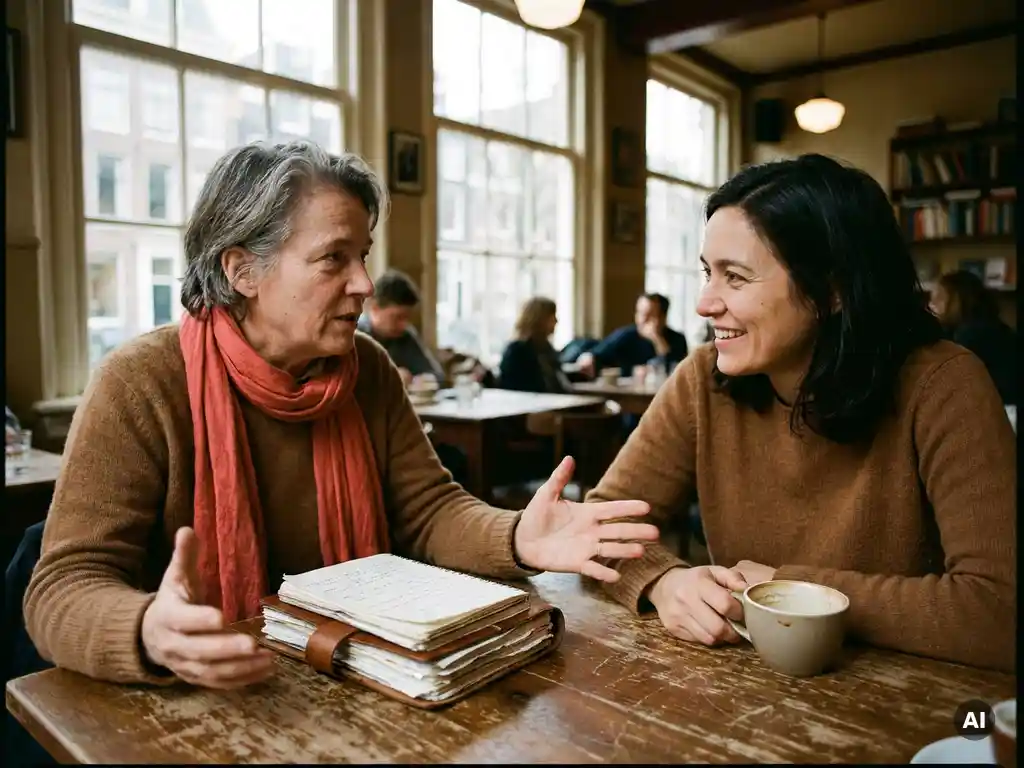 Twee onderzoekers in levendig gesprek aan een houten cafétafel in Amsterdam, met handgeschreven notitieboekjes en koffiekopjes.