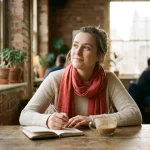 Jonge vrouw schrijft in notitieboekje in Amsterdams café, koffie naast haar, warm natuurlijk licht door grote ramen.