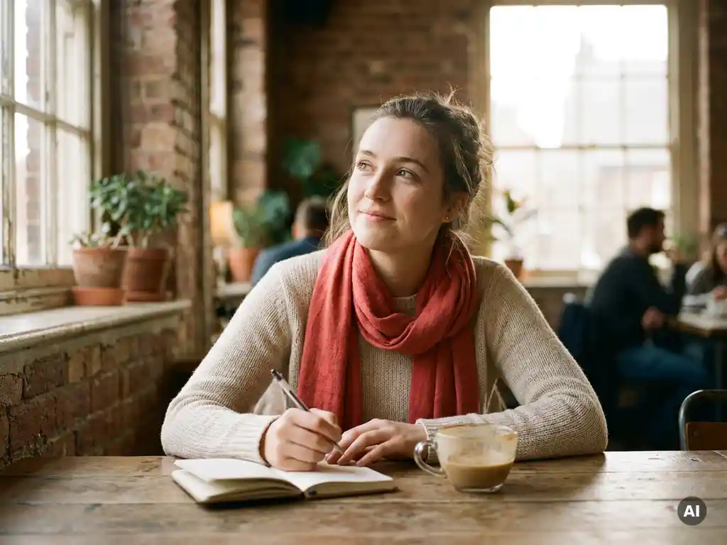 Jonge vrouw schrijft in notitieboekje in Amsterdams café, koffie naast haar, warm natuurlijk licht door grote ramen.