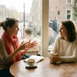 Twee vrouwen in gesprek aan een houten cafétafel in Amsterdam, één gebarend met open handen, ander luisterend met glimlach, koffiekopje en notitieboekje erbij.