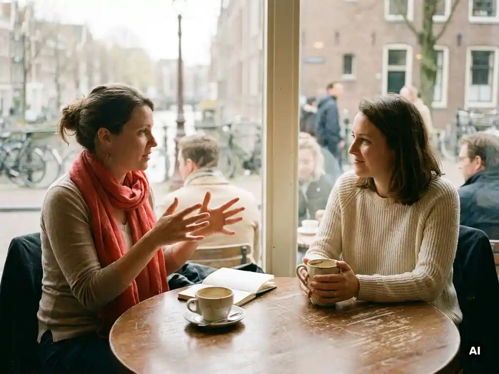 Twee vrouwen in gesprek aan een houten cafétafel in Amsterdam, één gebarend met open handen, ander luisterend met glimlach, koffiekopje en notitieboekje erbij.