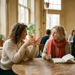 Twee vrouwen in gesprek aan een houten cafétafel in Amsterdam, één gebarend, de ander aandachtig luisterend, koffie en notitieboek erbij.