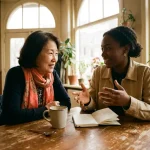Twee vrouwen in gesprek aan een houten cafétafel in Amsterdam, met koffie en notitieboek, warm natuurlijk licht.