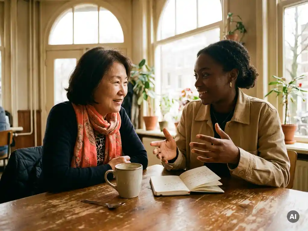 Twee vrouwen in gesprek aan een houten cafétafel in Amsterdam, met koffie en notitieboek, warm natuurlijk licht.