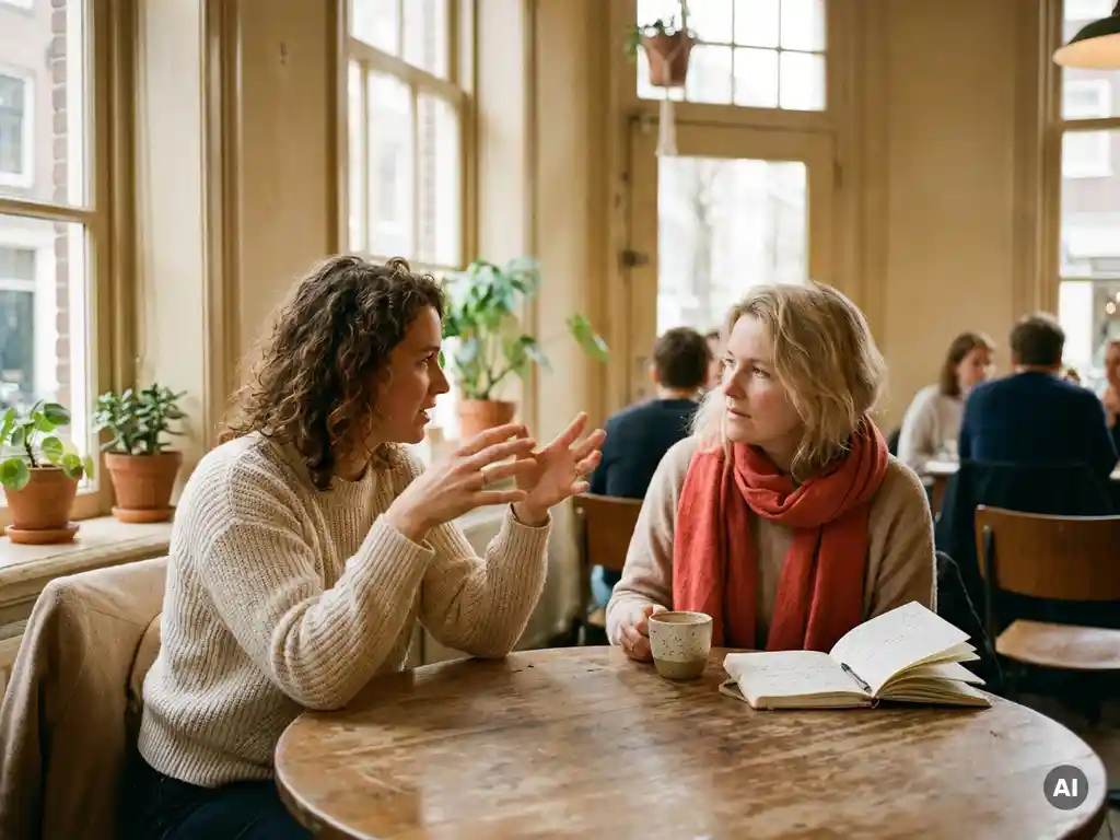 Twee vrouwen in gesprek aan een houten cafétafel in Amsterdam, één gebarend, de ander aandachtig luisterend, koffie en notitieboek erbij.