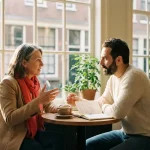 Twee professionals in gesprek aan een houten cafétafel in Amsterdam, met koffie en notitieboek, warm natuurlijk licht.