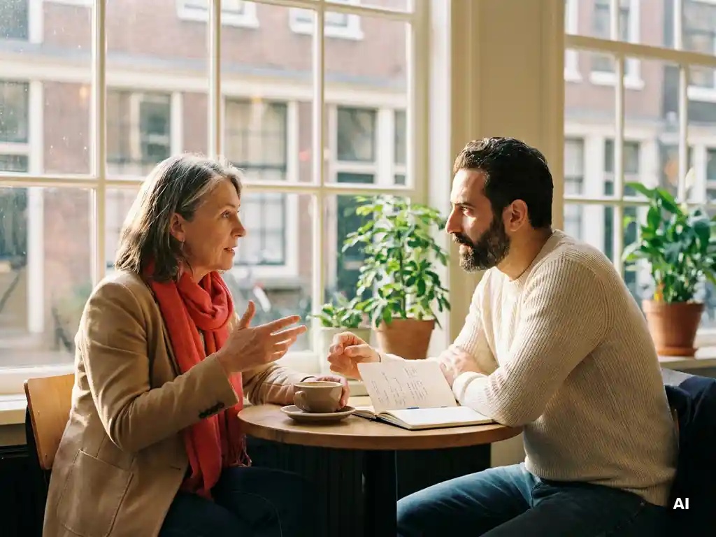 Twee professionals in gesprek aan een houten cafétafel in Amsterdam, met koffie en notitieboek, warm natuurlijk licht.